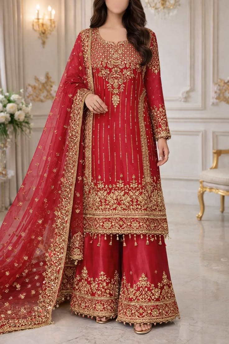 Dua Antique Gold Dabka Bridal Gown - Handcrafted Pakistani Embroidered Dress
