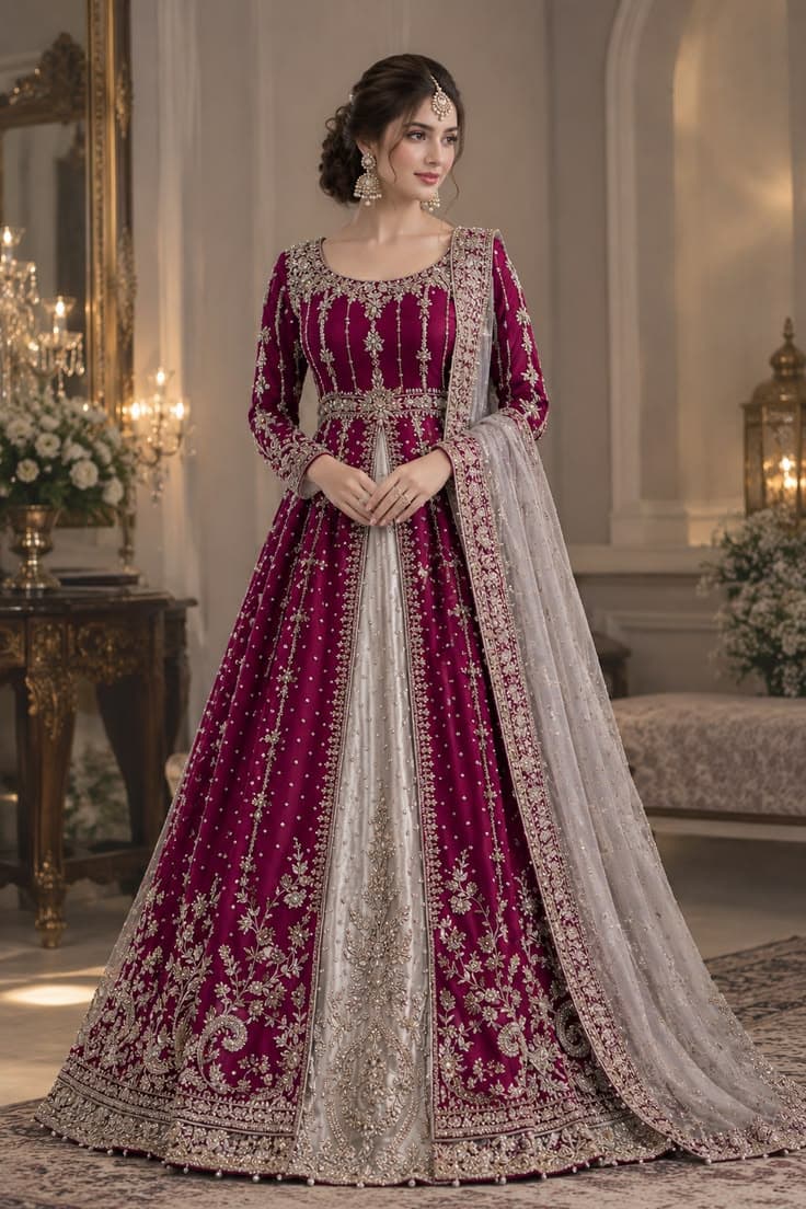 Gul-e-Laal Crimson Flared Couture Maxi - Handcrafted Pakistani Embroidered Dress