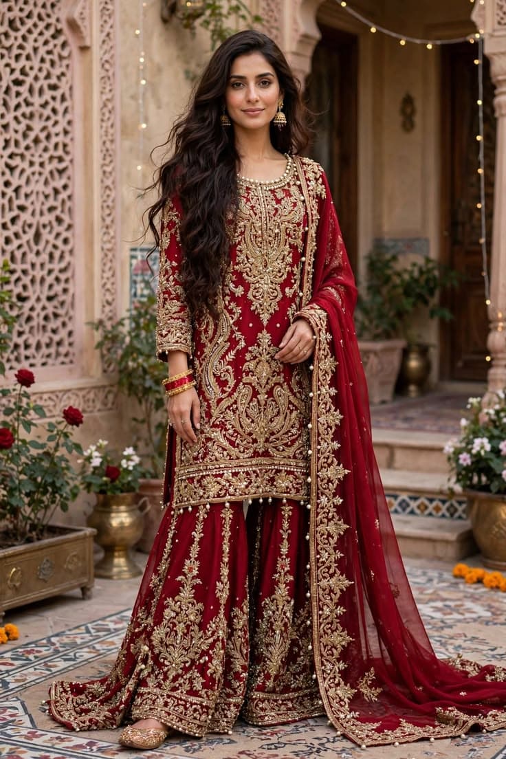 Anarkali Crimson Tilla Bridal Gharara - Handcrafted Pakistani Embroidered Dress