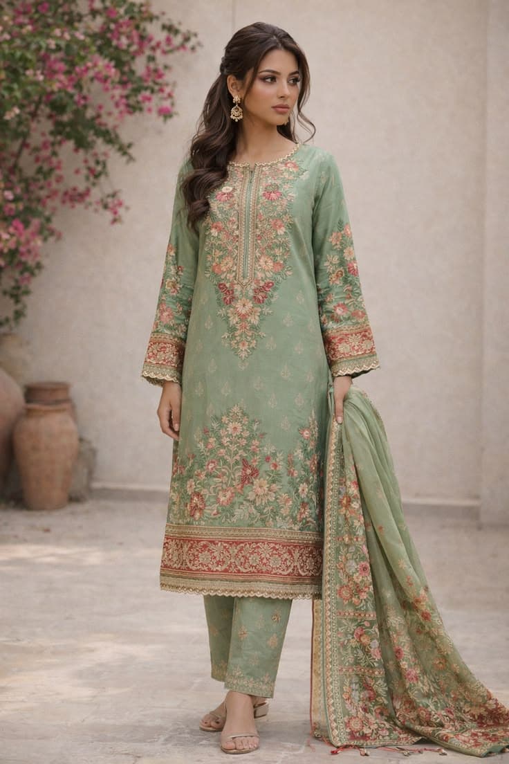 Bagh-e-Firdous Sky Blue Schiffli Lawn Dress - Handcrafted Pakistani Embroidered Dress