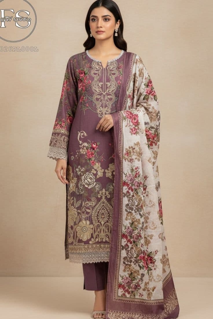 Nasim Lavender Embroidered Lawn Ensemble - Handcrafted Pakistani Embroidered Dress