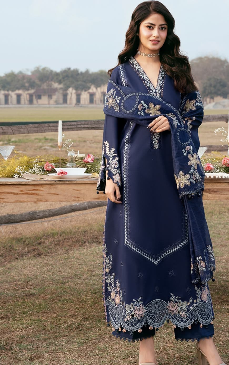 Bahar-e-Nau Moss Green Schiffli Lawn Set - Handcrafted Pakistani Embroidered Dress
