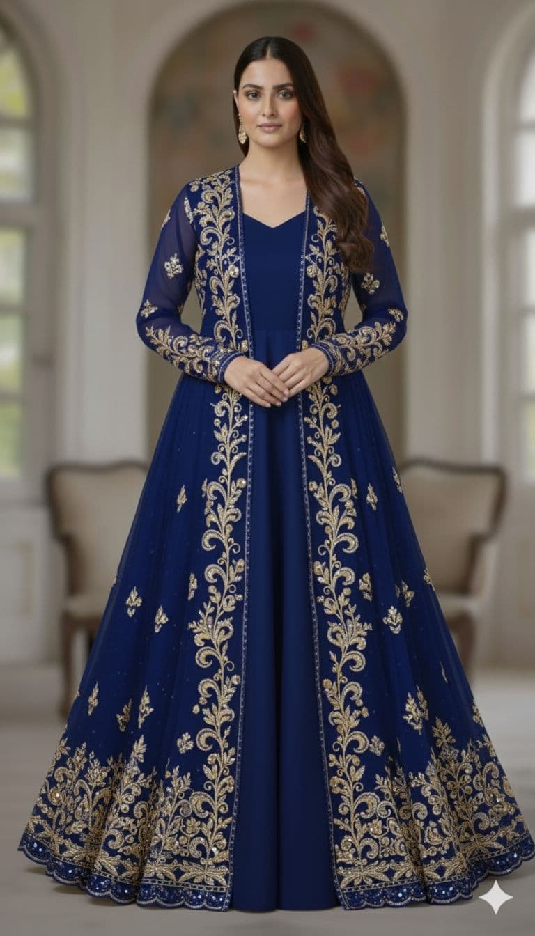 Mah-e-Nau Midnight Blue Zari Embroidered Maxi - Handcrafted Pakistani Embroidered Dress