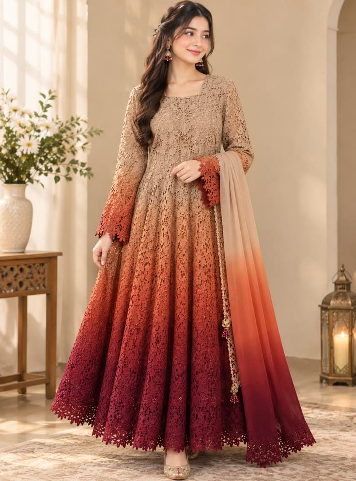 Mehr Deep Plum Flared Formal Evening Gown - Handcrafted Pakistani Embroidered Dress