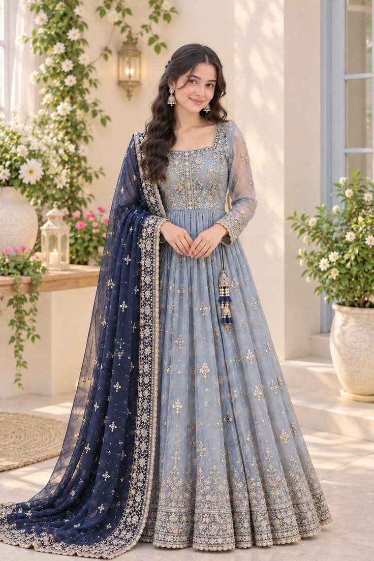 Shehnaz Champagne Metallic Tilla Flared Maxi - Handcrafted Pakistani Embroidered Dress