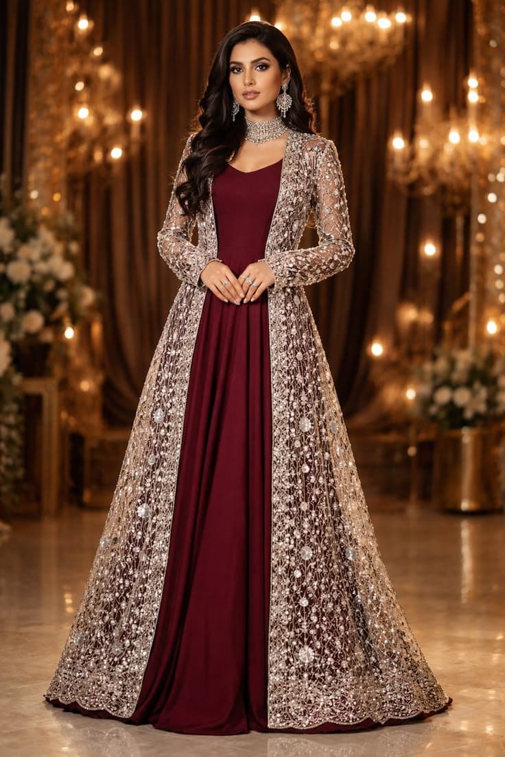 Zuleikha Burgundy Hand-Worked Velvet Maxi - Handcrafted Pakistani Embroidered Dress