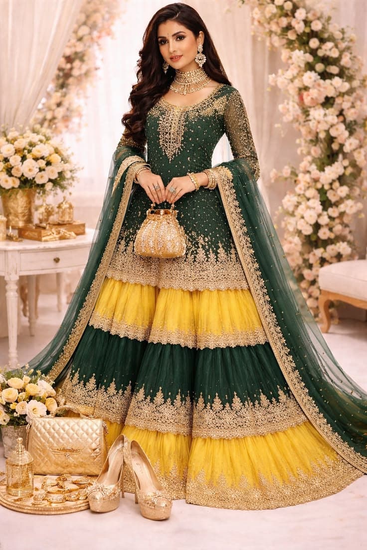 Nazneen Pastel Mint Flared Organza Gown - Handcrafted Pakistani Embroidered Dress