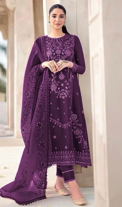 Gulbahar Purple Hand-Embroidered Lawn Suit - Handcrafted Pakistani Embroidered Dress