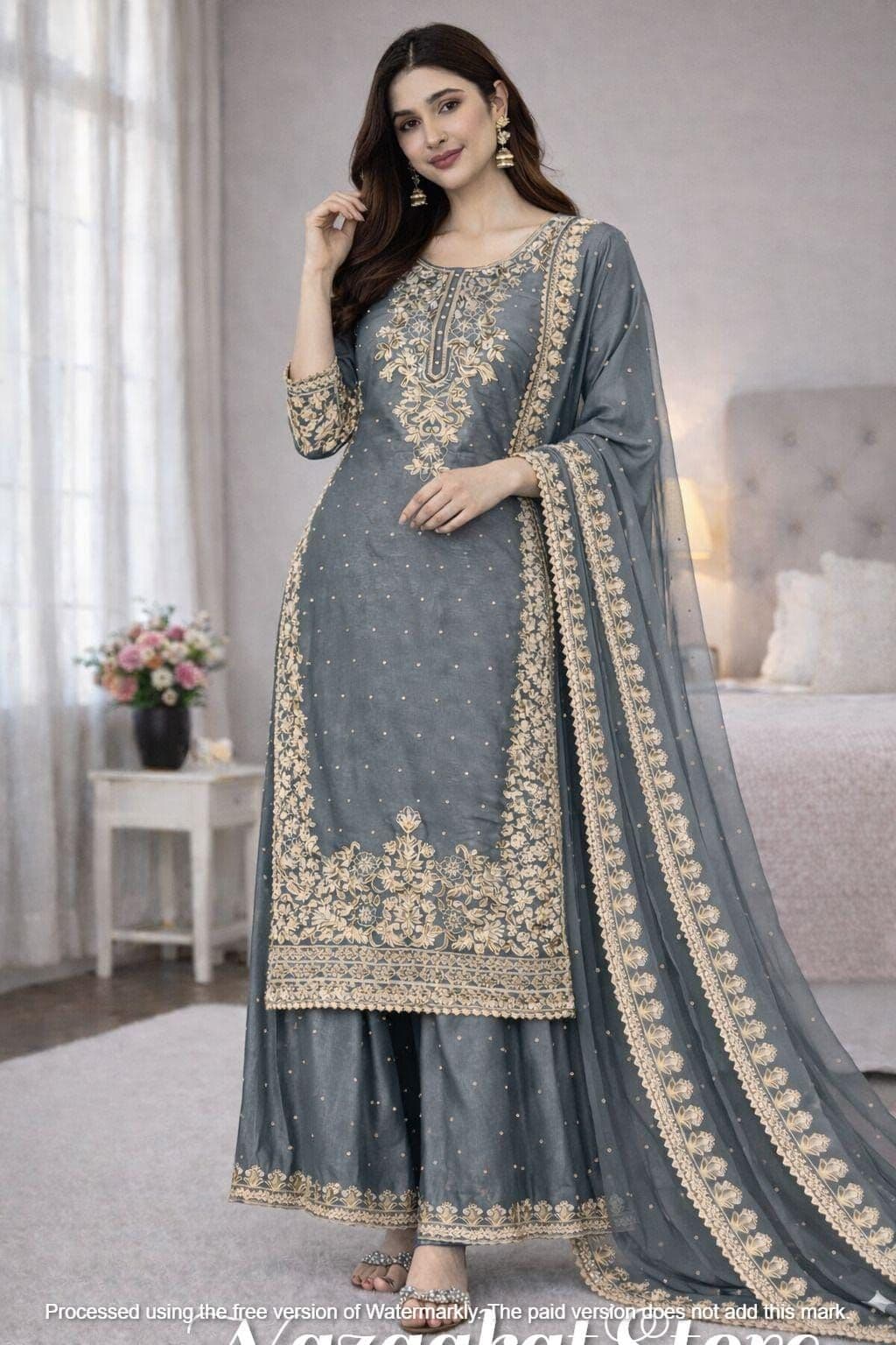 Roshaneh Teal Embroidered Raw Silk Outfit - Handcrafted Pakistani Embroidered Dress