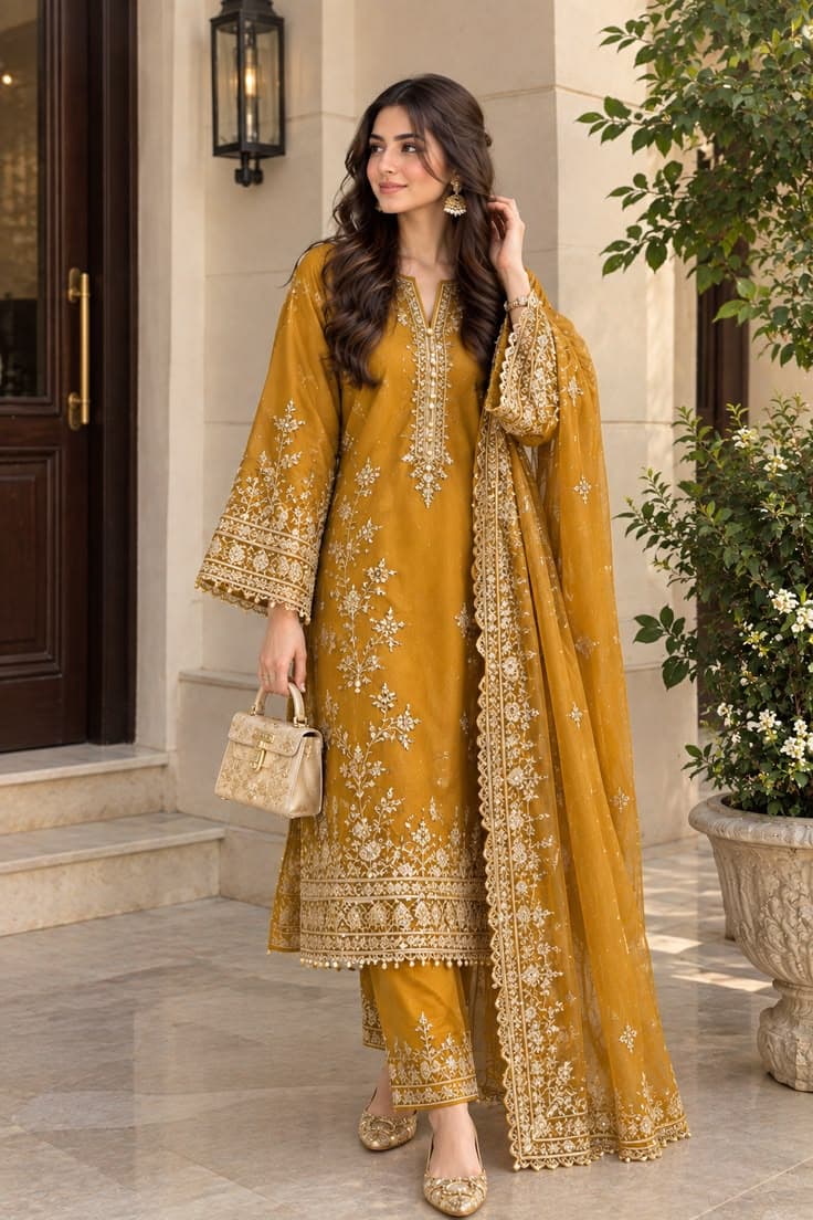 Mahnoor Rust Orange Festive Organza Attire - Handcrafted Pakistani Embroidered Dress