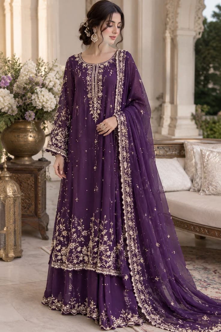 Shama Metallic Embroidered Party Dress - Handcrafted Pakistani Embroidered Dress