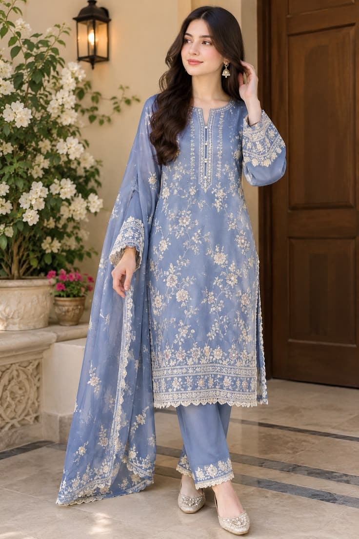 Simran Stitched Mustard Chikankari Outfit - Handcrafted Pakistani Embroidered Dress